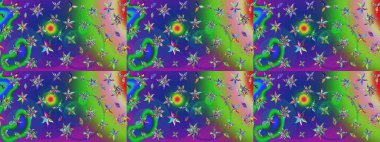 Raster - stok. Yapraklı çiçekler ve yeşil ve mavi renkli papatya çiçekleri. Taslak arkaplan deseni.