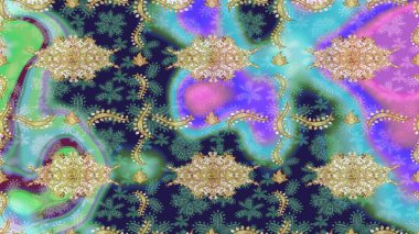 Kıvrımlı çizimler. Doğulu stil, altın elementli mavi renkli altın desenli arabesk yapar. Raster altın desen.