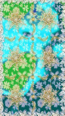 Raster illustration. Floral classic texture. Seamless pattern golden elements. Royal retro on blue colors. Design vintage for card, wallpaper, wrapping, textile. Gold template.