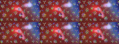 Eski usul. Renkli desenli eskiz deseni, kahverengi ve kırmızı çiçekler ve dekoratif elementler. Raster illüstrasyonu. Kumaş, tekstil, duvar kağıdı baskısı için. Taslak arkaplan.