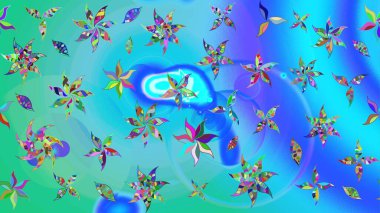 Mavi ve yeşil renkli çiçekler. Raster illüstrasyonu. El çizimi çiçekli soyut çizim deseni.