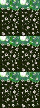 Raster Floral Illustration, Asyalı tekstil. Gri ve yeşil renkli etnik çiçeklerle zarif bir eskiz deseni..