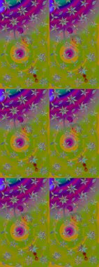 Flowers on green and purple colors. Raster floral pattern in doodle style with flowers. Gentle, nice floral background.