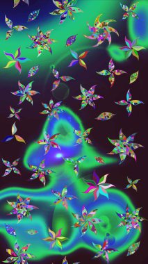 Raster Floral Illustration, Asyalı tekstil. Yeşil ve kahverengi renkli etnik çiçeklerle zarif eskiz deseni.