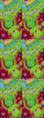 Çiçekli el çizimi çizimi deseni. Modern gelişim yeşil ve kırmızı raster arka plan duvar kâğıdı illüstrasyon klasik çizgili iz sürme desenli çiçekler, çiçekli süsler.