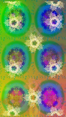 Raster illüstrasyonu. Raster kış deseni. Yeşil, mavi ve sarı renkler üzerine tasarım. Çiçek Elementleri ile soyut arkaplan.