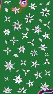 Çiçek ve yapraklı karalama şeklinde Raster çiçek deseni. Raster illüstrasyonu. Yumuşak, yeşil renkte bahar çiçekleri.