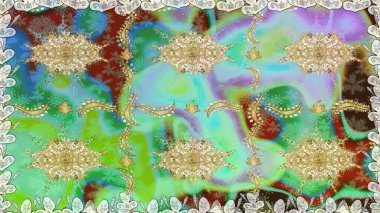 Yeşil renklerde ve altın elementlerle kusursuz klasik desen. Noel, kar tanesi, yeni yıl 2019.