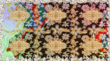 Çiçek deseni. Duvar kâğıdı barok, İspanyol kumaşı. Şık bir grafik desen. Kusursuz raster arka plan. Kahverengi renklerde altın elementler.