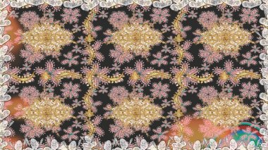 Parlak dantel, stilize çiçekler, şal desenli. Gri renklerde, altın elementlerle kusursuz desen. Raster. Kusursuz altın desenli bukleler. Doğu tarzı arabesk. Zarif altın deseni aç.