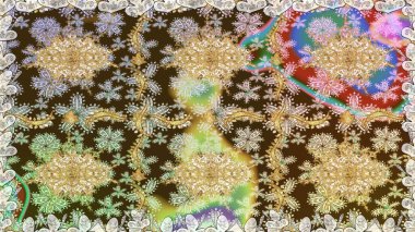 El yapımı dekoratif çerçeve, albüm kapağı, tebrik kartı, klasik Art deco tarzı. Raster soyut çiçek çelengi altın karalama fantezi yaprakları ve tarafsız renklerde çiçek.