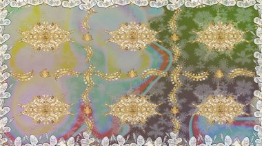 Arkaplan, kumaş, altın duvar kağıdı. Düz elle çizilmiş klasik koleksiyon. Raster golden. Altın elementlerle gri renklerde altın desen.