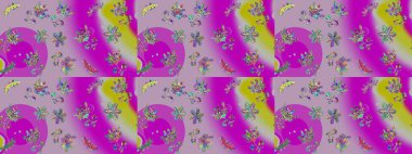 Raster illüstrasyonu. Şirin çiçekli kusursuz desen ve nötr, mor ve mor yapraklı yapraklar, suluboya çiçek deseni, duvar kağıdı, kart veya kumaş için fayanslı.