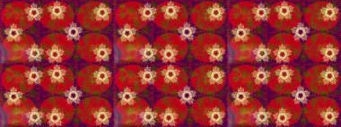 Yüzey için tekrarlanan doku, ambalaj kağıdı, kırmızı, mor ve kahverengi renkler. Renkli arka planda izole kar taneleri. Raster illüstrasyonu. Kış kar tanesi, raster arkaplan.