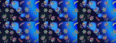 Flat Flower Elements Design. Raster Fashionable fabric pattern. Colour Spring Theme sketch pattern Background. Cute flowers pattern with blue, gray and green colors.