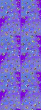 Şirin çiçekler, şal desenli, mor ve mavi renklerde renkli çizimler. El çizimi çiçek çizimi deseni (fayans). Tekstil için suluboya çizim deseni.