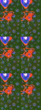 Raster çiçek desenleri çiziyor. Vadinin çiçekleri yeşil ve mavi renklerde.