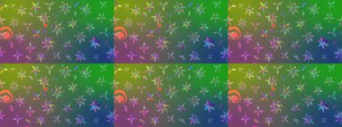 Raster illüstrasyonu. Şirin çiçekli eskiz deseni ve yeşil ve mavi renkli yapraklar, suluboya çiçek deseni, duvar kağıdı, kart veya kumaş için fayanslı.