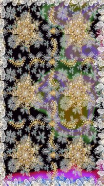 Davetiyeler, kartlar, web sayfası için Raster illüstrasyon. Doğu tarzı element. Çizgi sanatı tasarım şablonu için kusursuz sınır. Altın desenli çiçek dekoru. Gri ve nötr renkler üzerine altın element.