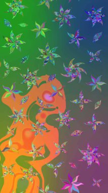 Raster Çiçek İllüstrasyonu 'nun şirin tekstili. Yeşil ve mavi renkli etnik çiçeklerle zarif bir eskiz deseni.