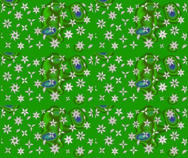 Çok yeşil zarif küçük çiçekler ve yeşil renkli komik böcekler, raster desen, illüstrasyon.