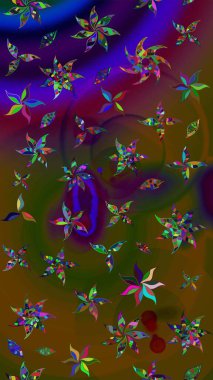 Raster illüstrasyonundaki çiçek desenli çizim. Çiçekler suluboya tarzında kahverengi ve yeşil renklerde.