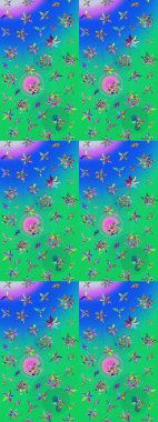 Eskiz arkaplan modeli. Vadinin yeşil ve mavi renkli çiçekleri. Suluboya, elle çizilmiş. Raster - stok.