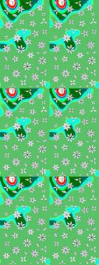 Yeşil ve mavi renkli etnik çiçekli zarif eskiz deseni. Asya Tekstil 'inde Raster Çiçek İllüstrasyonu.