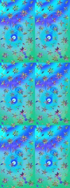 Yumuşak, bahar çiçekleri mavi ve yeşil renklerde. Yaprak ve çiçeklerin suluboya resimleri, mavi ve yeşil renkler üzerine çizimler. Raster illüstrasyonu.