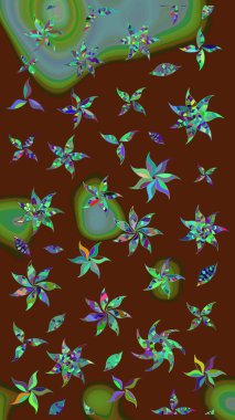 Retro tekstil tasarım koleksiyonu. El çizimi çiçek unsurları olan soyut çizim raster deseni. Kahverengi üzerine kahverengi. Çiçekli ipek eşarp. 1950 'ler-1960' lar motifleri.