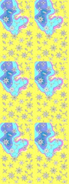 Flowers on yellow colors. Flower sketch on yellow colors. Flourish ornamental spring garden texture. Floral pattern. Raster illustration.