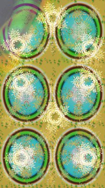 Kar tanelerinin soyut arkaplanlı Noel şablonu. Yeşil, sarı ve nötr kar taneleri. Noel ve yeni yıl moda baskıları için tatil tasarımı. Raster illüstrasyonu.