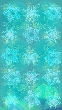 Raster illüstrasyonu. Renkli arka planda izole tatlı kar taneleri. Soyut kış mavisi, yeşil ve nötr süs. Yuvarlak raster kar tanesi. Güzel kar tanesi..