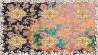 Süslü dantel iz sürücü. Çiçekli süslemeli, pürüzsüz bir desen. Doğu tarzında klasik tasarım öğesi. Tarafsız renkler üzerine geleneksel Arapça dekor. Duvar kağıdı için altın süslü illüstrasyon.