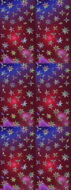 Raster illüstrasyonu. Şirin çiçekli eskiz deseni ve mor ve kırmızı renklerde yapraklar, suluboya çiçek deseni, duvar kağıdı, kart veya kumaş için fayanslı.