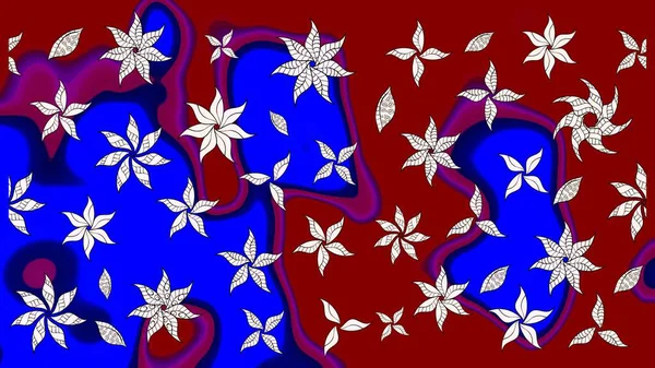 Şirin çiçekli eskiz deseni ve kırmızı ve mavi renkli yapraklar, suluboya çiçek deseni, duvar kağıdı, kart veya kumaş için fayanslı. Raster illüstrasyonu.