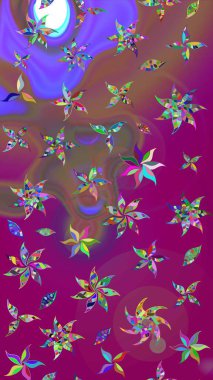 Raster Modaya uygun kumaş deseni. Mor ve kahverengi renkli şirin çiçek desenleri. Renkli Bahar Teması eskiz kalıbı. Düz Çiçek Elementleri Tasarımı.