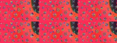 Raster illüstrasyonu. Çiçek desenli çizim. Asya tekstil tarzında. Pembe ve turuncu renkli çiçekler. Raster illüstrasyonu.