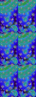 Raster düz çiçek çizim deseni. Hediye ambalaj kağıdı, tebrik kartları, posterler ve pankart tasarımı. Mavi ve yeşil renkte çiçekler.