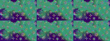 Düz Çiçek Elementleri Tasarım Raster illüstrasyonu. Yeşil ve mavi renkli çiçekler. Renkli Bahar Teması çizim kalıbı. Çiçekli çiçek deseni, suluboya..