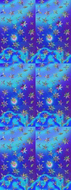 Mavi ve mor renkli etnik çiçeklerle süslenmiş zarif bir eskiz deseni. Raster Çiçek İllüstrasyon Şirin Tekstil.