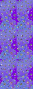 Raster hisseleri. Mor ve mavi renkte çiçekler. Eskiz arkaplan modeli. Suluboya, elle çizilmiş.