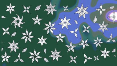 Raster çiçek desenli çiçek deseni, yapraklar, dekoratif elementler, sıçrama, lekeler, el çizimi kontur çizgileri ve Doodle çizim stili, grafik raster çizim çizimi.