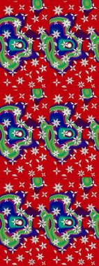 Renkli Bahar Teması eskiz kalıbı. Raster Modaya uygun kumaş deseni. Kırmızı ve yeşil renkli şirin çiçek desenleri. Düz Çiçek Elementleri Tasarımı.