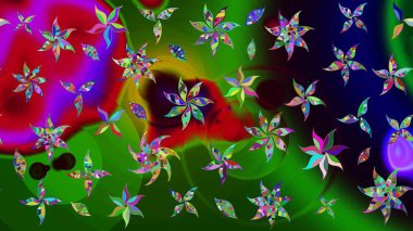 Raster illüstrasyonu. Şirin çiçekli eskiz deseni ve yeşil renkli yapraklar, suluboya çiçek deseni, duvar kağıdı, kart veya kumaş için fayanslı.