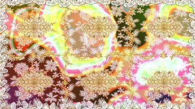 Tarafsız renklerde, altın elementlerle kusursuz desen. Raster illüstrasyonu. Klasik klasik klasik arka plan. Geleneksel oryantasyon süsü. Kusursuz klasik raster altın desenli.