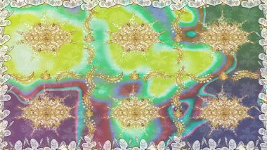 El yapımı dekoratif çerçeve, albüm kapağı, tebrik kartı, klasik Art deco tarzı. Raster soyut çiçek çelengi altın karalama fantezi yaprakları ve tarafsız renklerde çiçek.