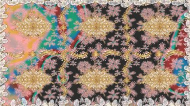 Raster illüstrasyonu. Tekrarlayan elementlerle soyut arkaplan oluşturun. Gri renkler ve altın elementler üzerinde altın pürüzsüz desen. Kusursuz, klasik altın desen..