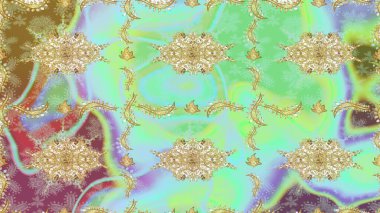 Altın elementlerle nötr renklerde altın desen. Süslü raster dekorasyonu. Barok tarzında duvar kağıdı tasarımı için kusursuz damaske deseni arkaplanı.