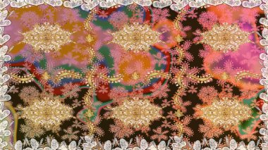 Kahverengi renkte altın bir element. Damask arkaplanı. Altın çiçekli, pürüzsüz desen. Barok tarzında altın çiçekli süs..